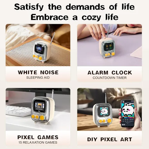 Vista 7 de Divoom Times Gate Rosa y Tiivoo-2 Crema, Cyberpunk - Reloj digital con control inteligente de aplicación y mini TV altavoz Bluetooth retro, bonita