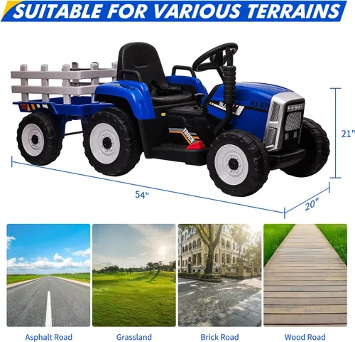 Vista 4 de Tractor de 12 V con remolque y control remoto, vehículo eléctrico para niños pequeños con faros LED, cambio de marchas 2+1, reproductor de MP3, USB