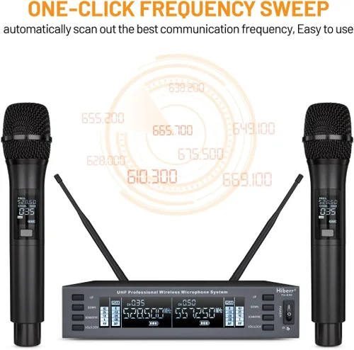 Vista 4 de Micrófono inalámbrico UHF - Micrófono de mano de 2 canales, escaneo automático, rango de 300 pies, amplificador PA, blindaje de señal, batería