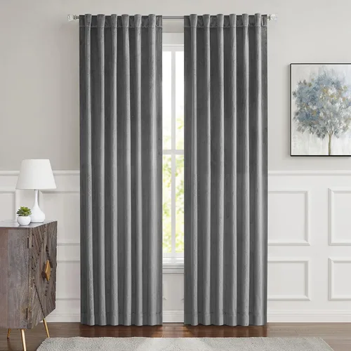 Vista 16 de Paneles de cortinas opacas de terciopelo gris oscuro para ventana, reducción de ruido, 90% de oscurecimiento de la habitación, bolsillo para barra