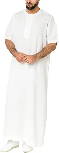 Vestido largo Thobe para hombre, vestido musulmán árabe saudí, manga corta, caftán de Oriente Medio, ropa islámica, S-5XL (Color Blanco, Talla 5XL)