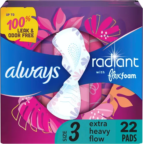 Always Almohadillas femeninas radiantes para mujer, tamaño 3, absorción de flujo extra pesado, con espuma flexible, con alas, perfumadas, 22 unidades