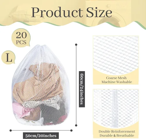 Vista 2 de 20 bolsas de malla para lavandería a granel con cordón de 20 x 24 pulgadas, bolsa de malla blanca resistente lavable a máquina, resistente bolsa