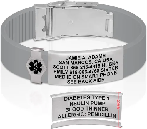 Vista 180 de Divoti Pulsera de identificación de alerta médica grabada personalizada, grabado láser de doble cara (hasta 9 líneas), pulsera de silicona ajustable