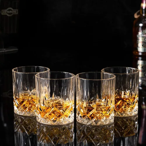 Vista 3 de KANARS Juego de 4 vasos de whisky estilo antiguo con caja de lujo - 10 oz. Utensilio de bar con base pesada para whisky escocés, bourbon, licor