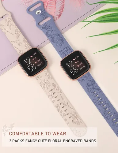 Vista 3 de Minyee Paquete de 2 correas con grabado floral compatibles con Fitbit Versa 2/Fitbit Versa/Versa Lite para mujeres, linda correa deportiva
