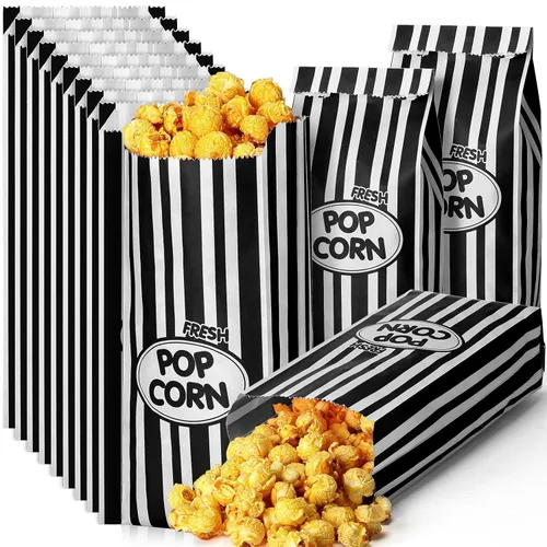 Vista 14 de Sherr 1000 bolsas de palomitas de maíz de 2 onzas a granel, rayas retro rosadas, bolsas de palomitas desechables para noches de cine, Navidad
