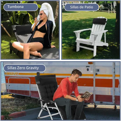 Vista 3 de Almohada para Silla Tumbona, Paquete de 2 Almohadas para Silla de Descanso al Aire Libre con Correa Ajustable, Almohada para la Cabeza de Largo