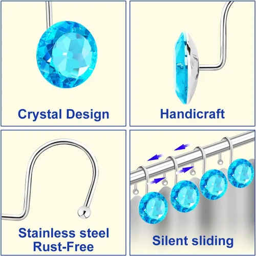 Vista 3 de Anillos de Ganchos para Cortina de Ducha para Baño, 12 Piezas de Acero Inoxidable Resistente al Óxido con Diamantes de Imitación Decorativos