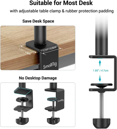 Vista 5 de SmallRig Soporte de mesa para montaje de escritorio para cámara, soporte de luz ajustable de 15 a 35 pulgadas, abrazadera C de mesa para cámara