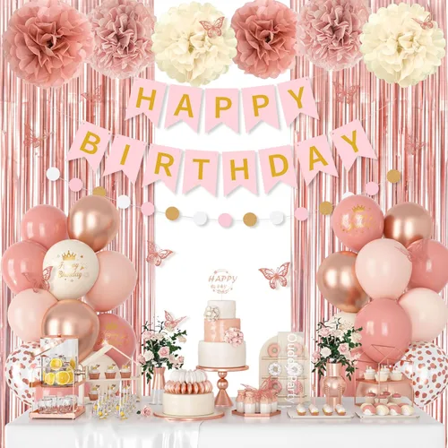 Vista 21 de Decoraciones de Cumpleaños Neutras para Mujeres y Niñas, Globos con Confeti Blanco Arena Dorado con Estampado Metálico, Calcomanías de Mariposa