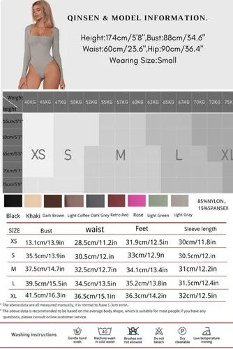 Vista 6 de QINSEN Body sexy de manga larga con cuello cuadrado para mujer