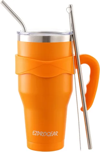 Vista 6 de Ezprogear Vaso de acero inoxidable de 40 onzas con aislamiento de doble pared con asa y tapa (azul)