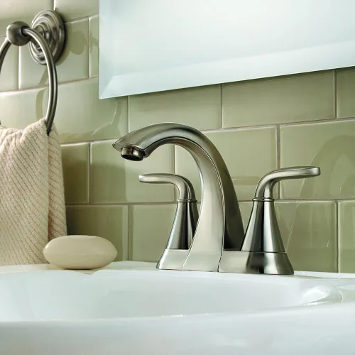 Vista 2 de Pfister Pasadena LF048PDKK - Grifo para lavabo de baño, centro de 4 pulgadas, 2 asas, 3 agujeros, acabado de níquel cepillado, LF048PDKK