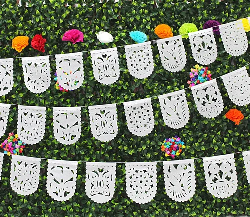 Mini pancartas blancas, paquete de 5 guirnaldas de bandera de papel picado, decoración de fiesta, Cinco de Mayo, boda mexicana, martes de tacos con