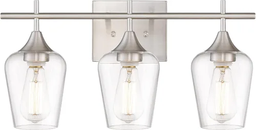 Vista 17 de WL9167-2C - Lámpara de baño de níquel cepillado de 15 pulgadas, lámpara moderna de pared de baño de granja con vidrio transparente