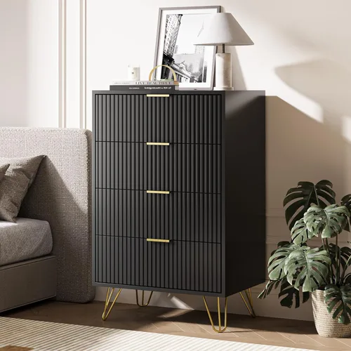 Vista 8 de MAISONARIA Cómoda negra para dormitorio, cómoda de 4 cajones con asas de metal dorado y cómodas, cómodas para pasillo, dormitorio