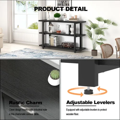 Vista 6 de FOLUBAN Mesa de entrada negra, mesas consola modernas con estantes de almacenamiento de 3 niveles para sala de estar, mesa de sofá de madera y metal