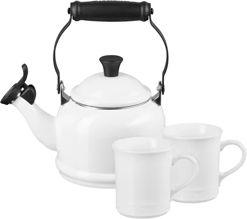 Vista 6 de Le Creuset - Juego de tetera de acero esmaltada y 2 tazas de cerámica, 1.25 cuartos de galón de tetera y (2) 14 onzas de tazas, rojo cereza