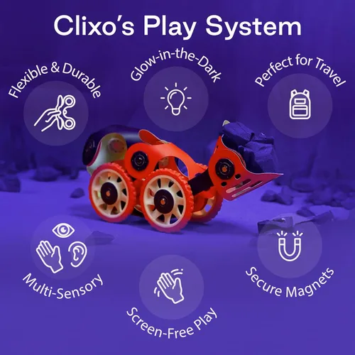 Vista 6 de Clixo - Paquete de Mars Rover: juguete magnético de construcción con ruedas que brillan en la oscuridad - 30 piezas magnéticas flexibles