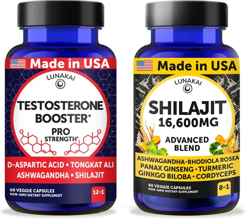Lunakai Paquete de cápsulas de refuerzo de testosterona + Shilajit fabricado en Estados Unidos, sin OMG, 60 unidades cada una