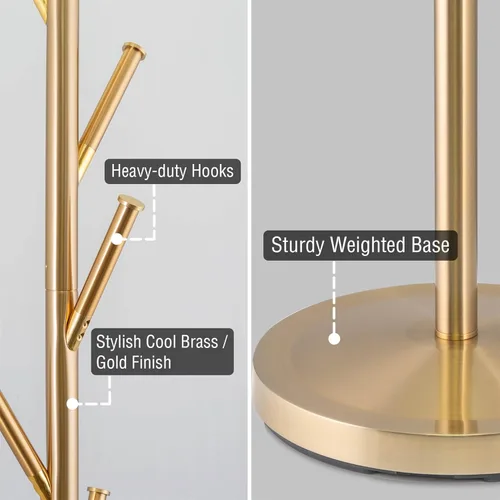 Vista 2 de Kira Home Addison - Perchero de pie moderno dorado de 68 pulgadas con 6 ganchos para colgar, elegante soporte de metal dorado con base pesada