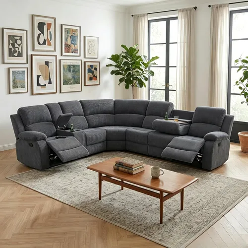 Vista 17 de Juego de sofá seccional reclinable manual, juegos de muebles de sala de estar de cuero regenerado en forma de L, sofá de esquina seccional Negro
