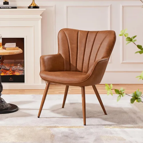 Vista 4 de Yaheetech Silla de Brazos de Piel Sintética PU, Silla Decorativa Moderna con Patas Metálicas, Cómoda Silla Barril Tapizada para Sala de Estar, Marrón