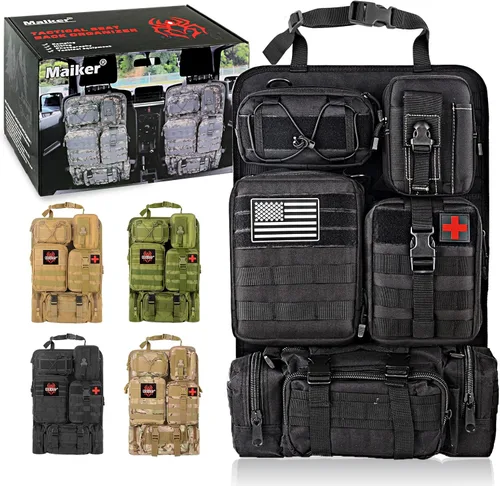 Vista 2 de MAIKER - Organizador táctico para respaldo de asiento de auto, organizador de panel de vehículo con 5 bolsas Molle desmontables, tamaño universal