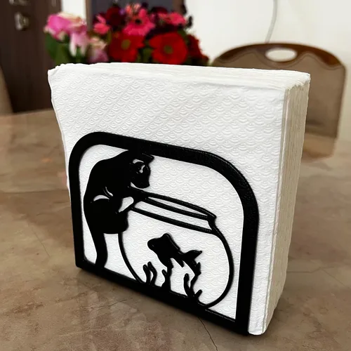 Vista 4 de Dispensador de servilletas de gato y pescado, soporte de pañuelos moderno para decoración de cocina para mesa de comedor y granja