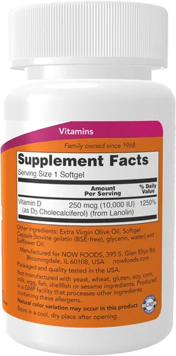 Vista 2 de NOW Suplementos, vitamina D-3 10,000 UI, mayor potencia, soporte estructural*, 120 cápsulas blandas