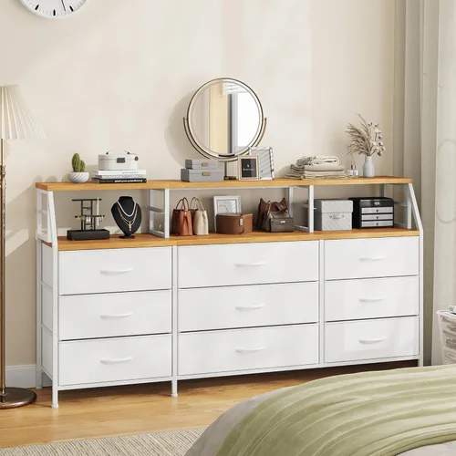 Vista 11 de Homkdom Cómoda negra para dormitorio con cajones de tela, cómodas largas y cómodas, mueble para TV de 55.12 pulgadas de ancho, centro