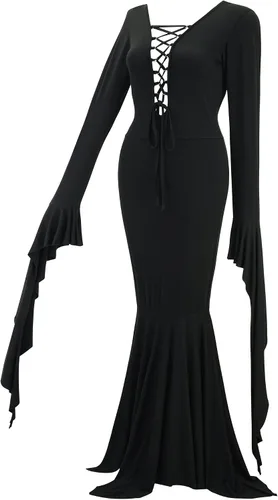 Vista 2 de Disfraces de Halloween para mujer, vestido largo negro, peluca con gorra de peluca y flores artificiales de rosas rojas