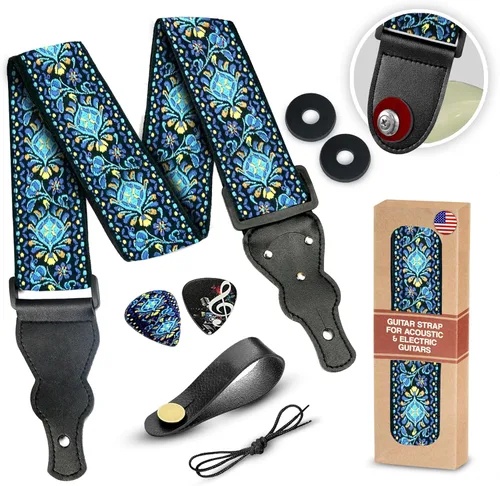 Vista 14 de Art Tribute Correa de guitarra para guitarra acústica, eléctrica y bajo, correa clásica ajustable con diseño Lightning con 2 púas + cierres