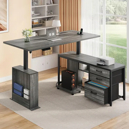 Escritorio eléctrico en forma de L de 63 pulgadas con 3 cajones, color gris | with Storage Computer Desk Adjustable Height with Power Outlets 4