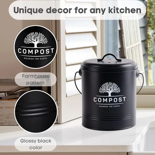 Vista 4 de Perfnique Cubo de Compost de Cocina, Cubo de Compost de Encimera de 1.3 Galones con Tapa, Cubo de Compost Interior Incluye Revestimiento del Cubo