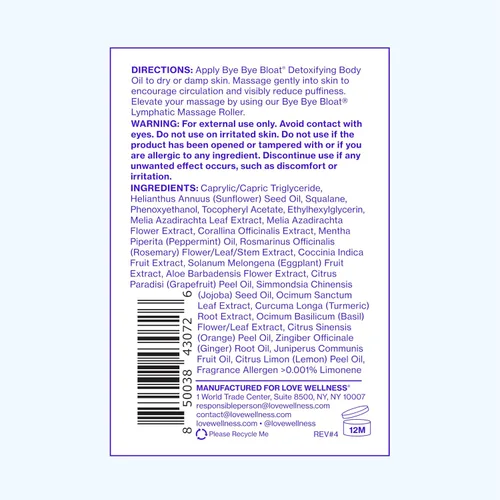 Vista 8 de Love Wellness Bye Bye Bloat Aceite corporal desintoxicante Aceite de drenaje linfático para hidratar, desinflar y despertar la piel Aceite