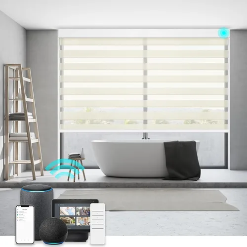 Vista 10 de Changshade Persianas motorizadas inteligentes de cebra, con control remoto para ventanas de puertas interiores, opacas, oscurecimiento
