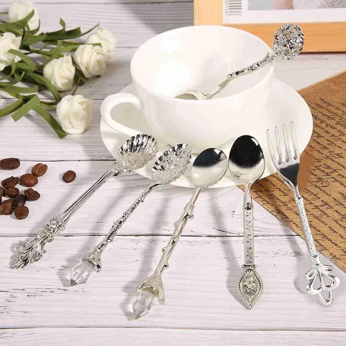 Vista 3 de Fdit 6 unids/set vintage tallado cuchara cucharadita retro aleación de zinc postre café vajilla cucharas cubiertos cocina (plata)