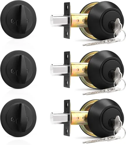 Vista 13 de Probrico Cerrojos de un solo cilindro, color negro plano, conjunto de manijas con llaves de ranura, 3 llaves para hardware de puerta