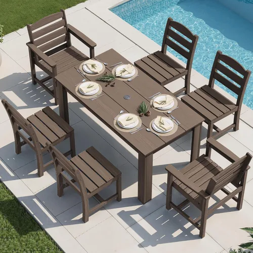 Vista 10 de SERWALL Juego de comedor HDPE para 4, juegos de comedor al aire libre para 4 personas con 1 orificio para sombrilla, mesa rectangular y 4 sillas
