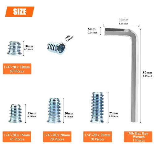 Vista 3 de HELIFOUNER 1/4-20 Insertos roscados, insertos de madera, insertos roscados de acero para tornillos de muebles de madera, 145 piezas de 1/4"-0.787 x