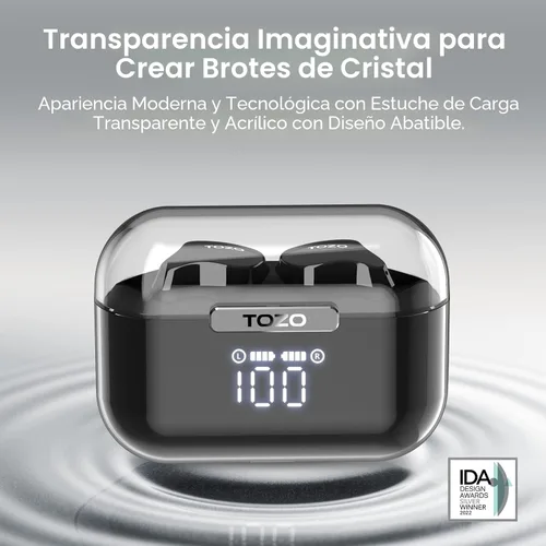 Vista 3 de Auriculares inalámbricos TOZO T18 Bluetooth 5.3, auriculares impermeables IPX8, micrófono de 4 micras para llamadas claras, tiempo de reproducción