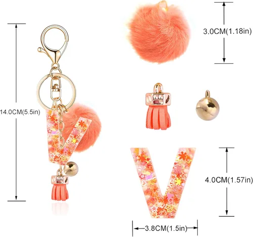 Vista 2 de Resin Alphabet Initial Letter Keychain Keyring for Women Purse Handbags With Fur Ball Pom