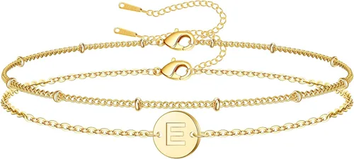 Vista 10 de Pulseras de oro para mujeres y niñas, regalos – Pulsera chapada en oro de 18 quilates, pulsera con inicial de monograma de disco delicado con dije