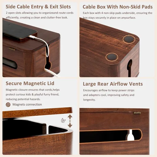 Vista 7 de Caja grande de gestión de cables de madera de acacia, organizador y organizador para cables de TV, regleta de alimentación, ocultación eléctrica