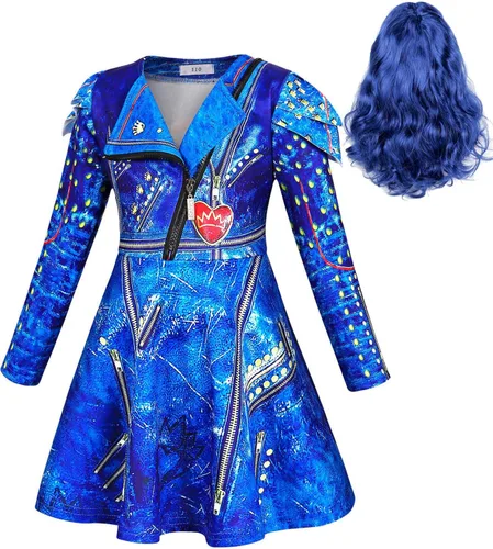 HenzWorld Evie Costume for Girls Long Sleeve Halloween Dress Cosplay Party Princess Dress up Outfit with Wig