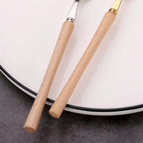 Vista 2 de Juego de cubiertos de madera para 6 cubiertos modernos de acero inoxidable, juego de cubiertos de 30 piezas, cuchillos, tenedores, cucharas, vajilla