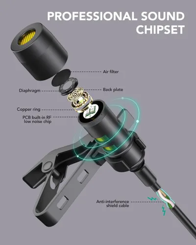Vista 2 de PoP voice Micrófono de solapa Lavalier profesional Micrófono condensador omnidireccional para iPhone Android Smartphone, micrófono de grabación