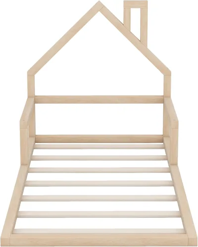 Vista 13 de P PURLOVE Base de cama de tamaño matrimonial con cabecera en forma de casa, plataforma de madera para casa, cama de tamaño matrimonial con soporte